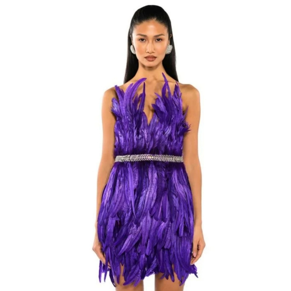 💋AKIRA LABEL VIBRANT ALL OVER EMBELLISHED FEATHER STRAPLESS MINI DRESS!!!